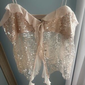 Zara light pink Sequin Top with Tie Detail